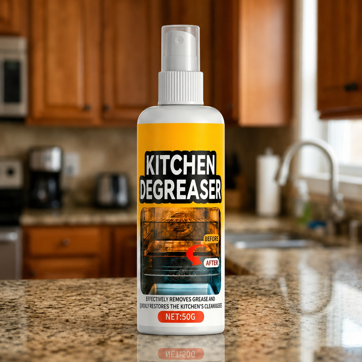 GreaseKiller Fettlöser Spray mit deutschem Etikett vor einem sauberen Backofen