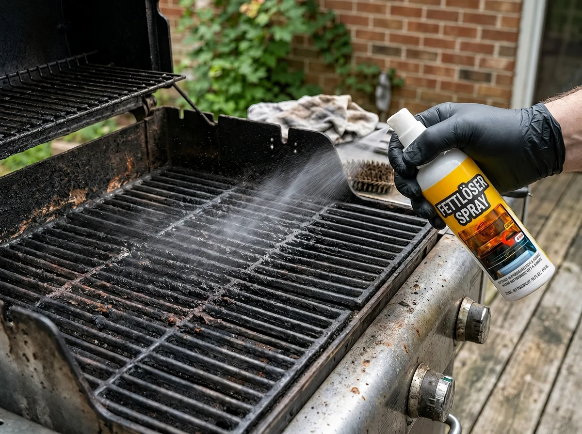 GreaseKiller Fettlöser Spray wird auf einen verschmutzten Grillrost gesprüht