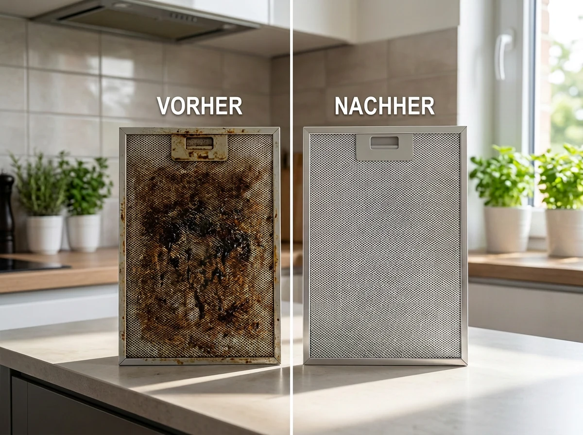 Verfetteter und sauberer Metallfilter einer Dunstabzugshaube im Vergleich