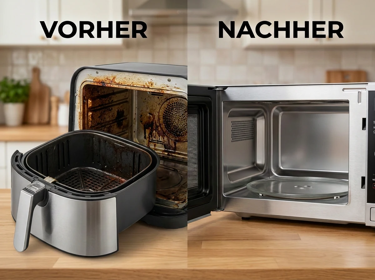 Verschmutzter Airfryer und gereinigte Mikrowelle im Vorher-Nachher-Vergleich